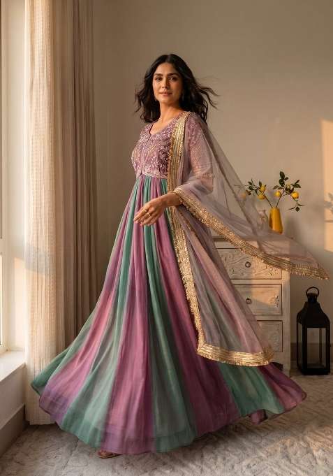 Lavender Embroidery Silk Gown Set