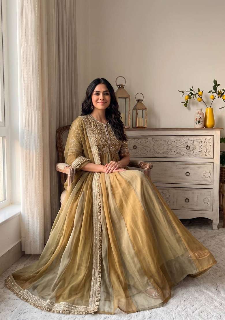 Mehendi Embroidery Silk Gown Set - Indya