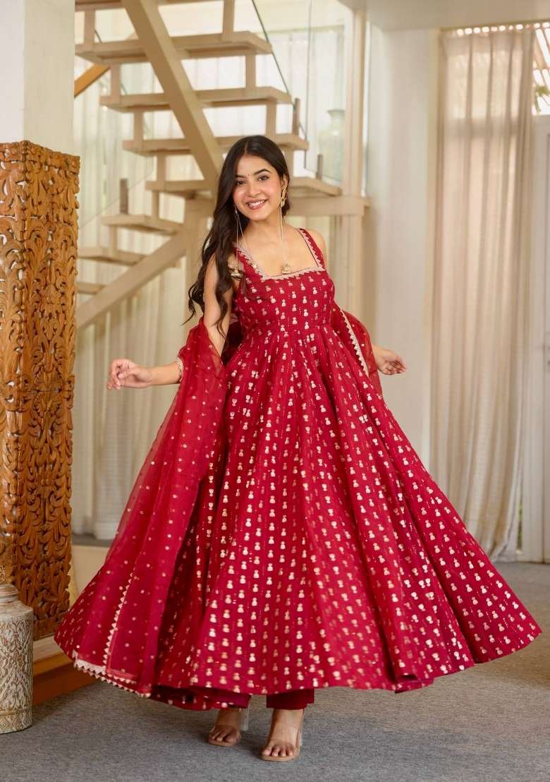 Red Embroidery Chinon Gown Set - Indya