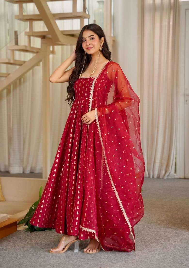 Red Embroidery Chinon Gown Set - Indya
