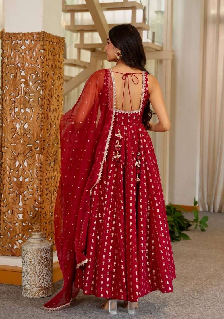 Red Embroidery Chinon Gown Set - Indya