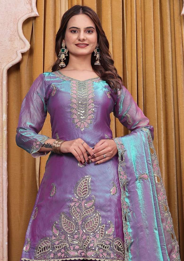 Purple Embroidery Fendi Palazzo Set - Indya