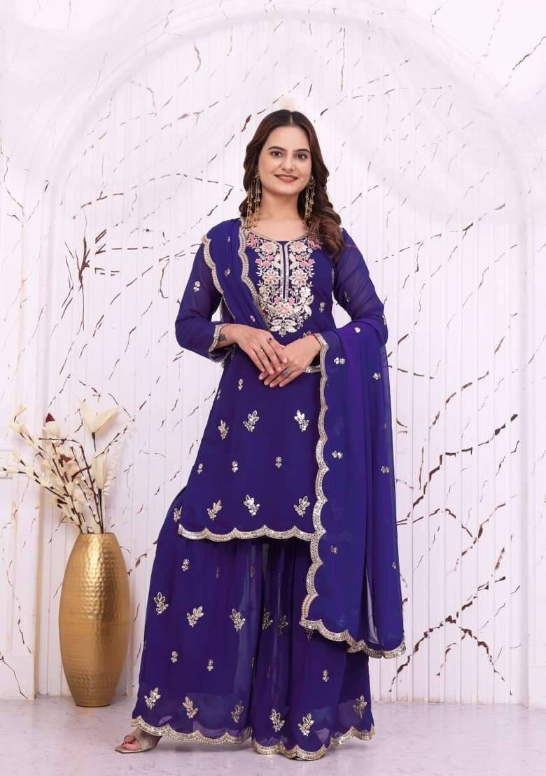Blue Embroidery Georgette Palazzo Set - Indya