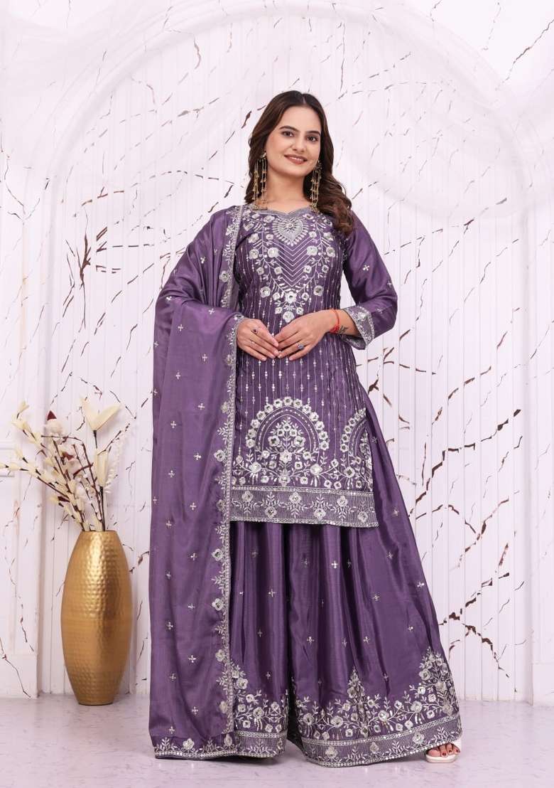 Lavender Embroidery Chinon Palazzo Set - Indya