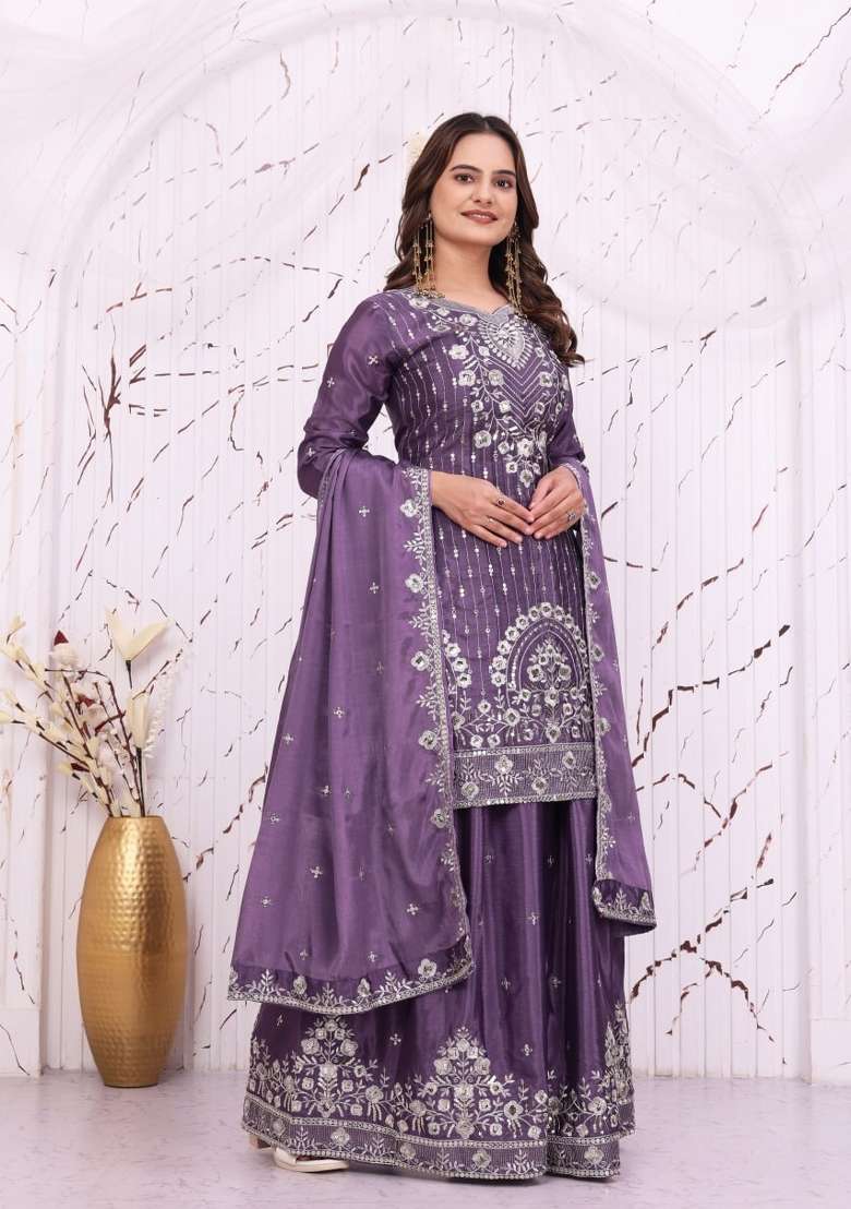 Lavender Embroidery Chinon Palazzo Set - Indya