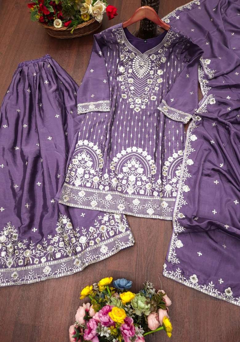 Lavender Embroidery Chinon Palazzo Set - Indya