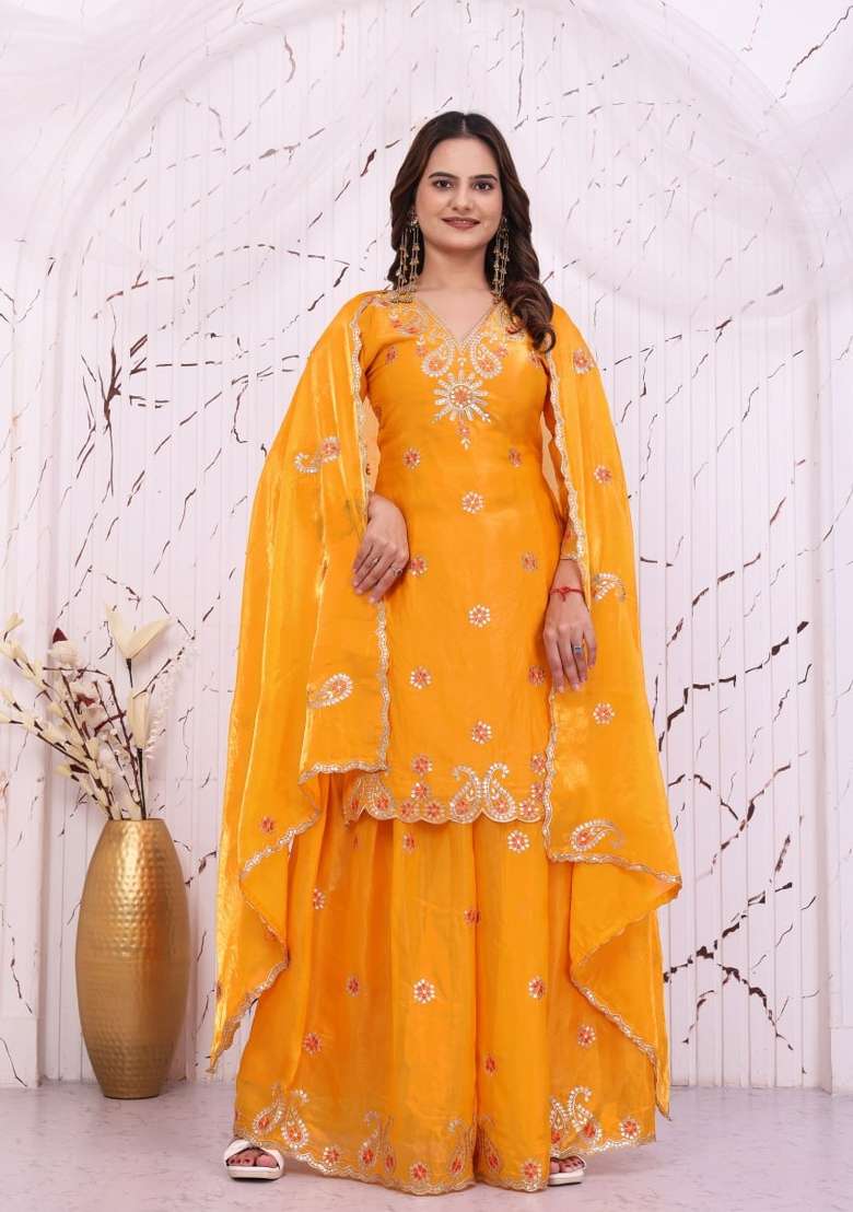 Yellow Embroidery Fendi Palazzo Set - Indya