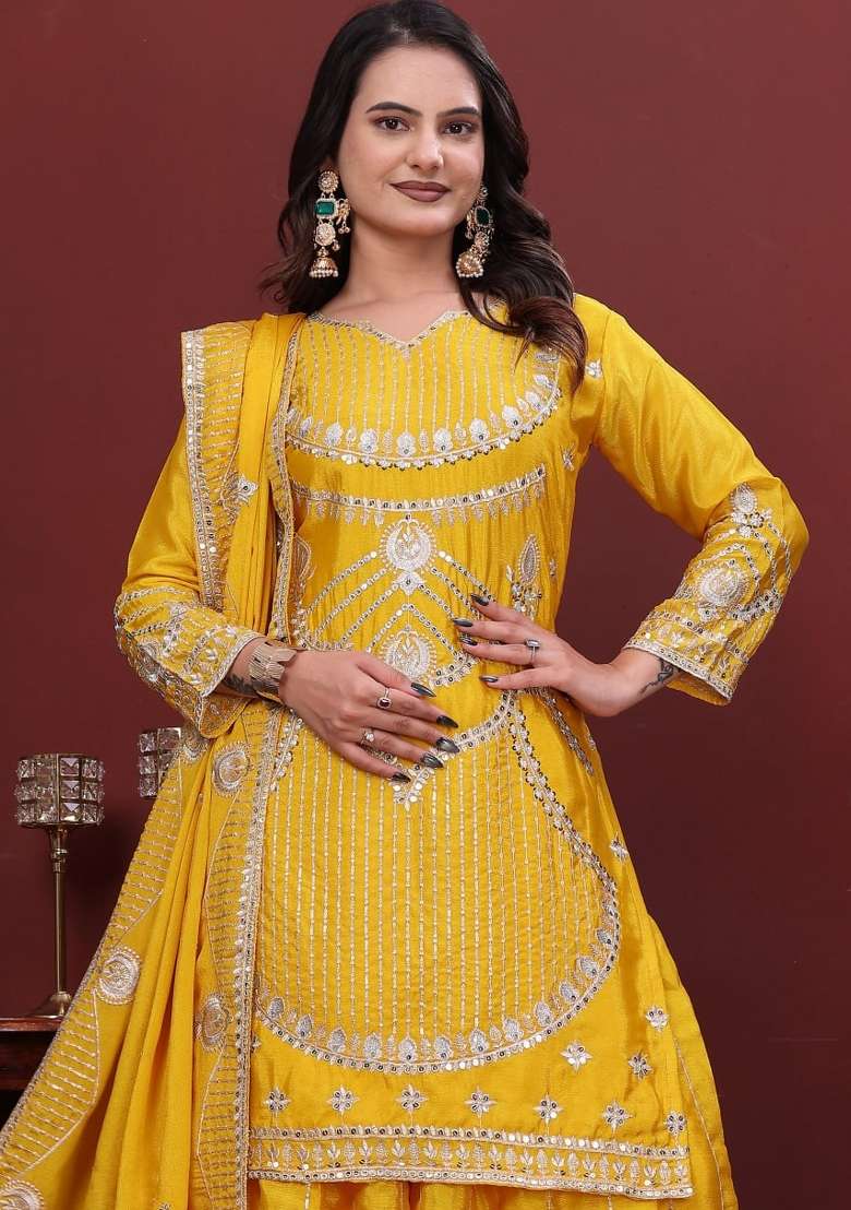 Yellow Embroidery Chinon Palazzo Set - Indya