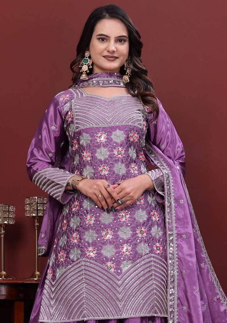 Lavender Embroidery Chinon Palazzo Set - Indya