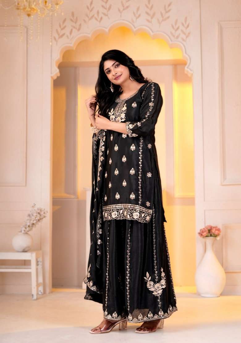 Black Embroidery Chinon Palazzo Set - Indya