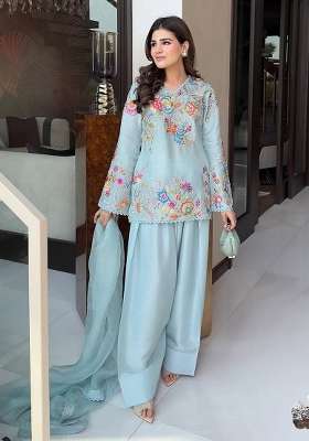 Sky Blue Embroidery Crepe Palazzo Set