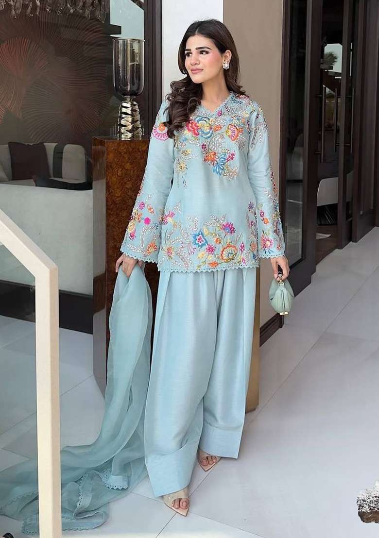 Sky Blue Embroidery Crepe Palazzo Set - Indya