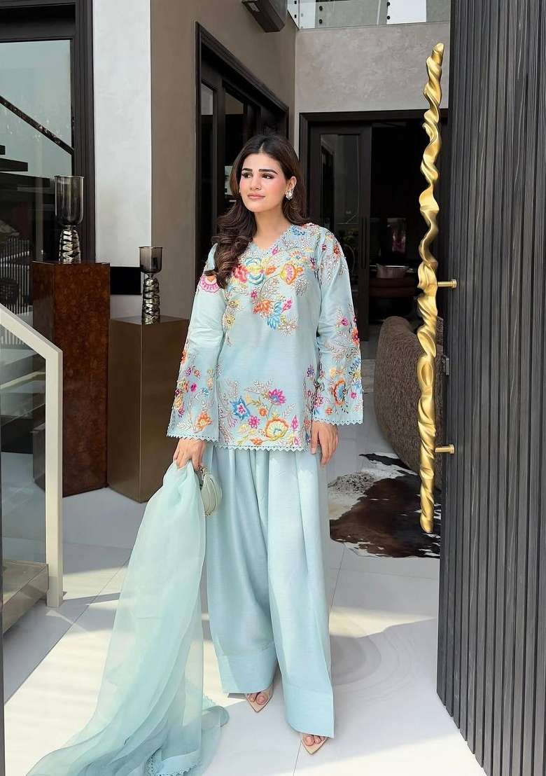 Sky Blue Embroidery Crepe Palazzo Set - Indya