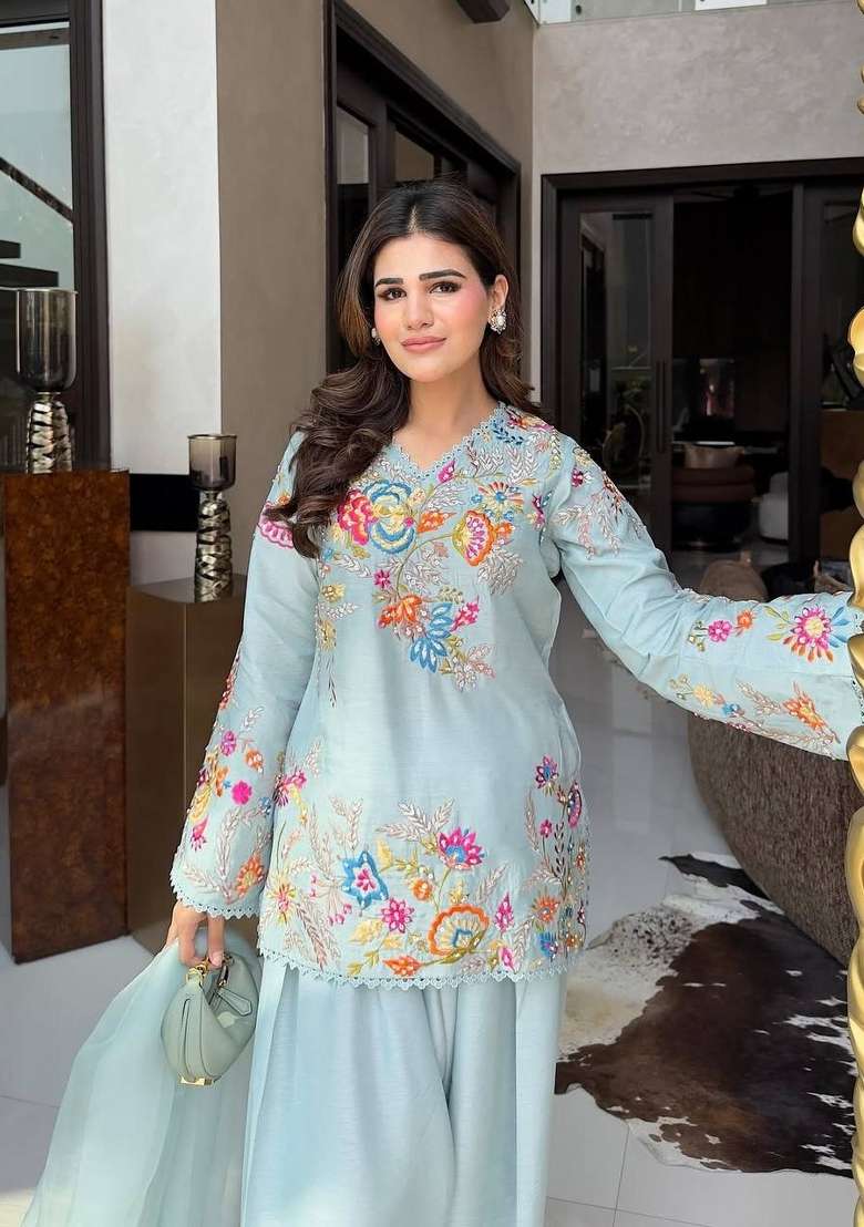 Sky Blue Embroidery Crepe Palazzo Set - Indya