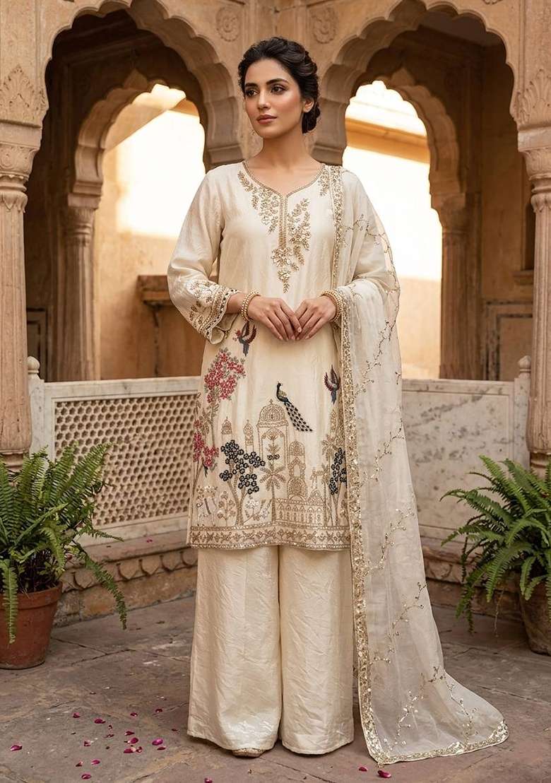 Off White Embroidery Fendi Palazzo Set - Indya