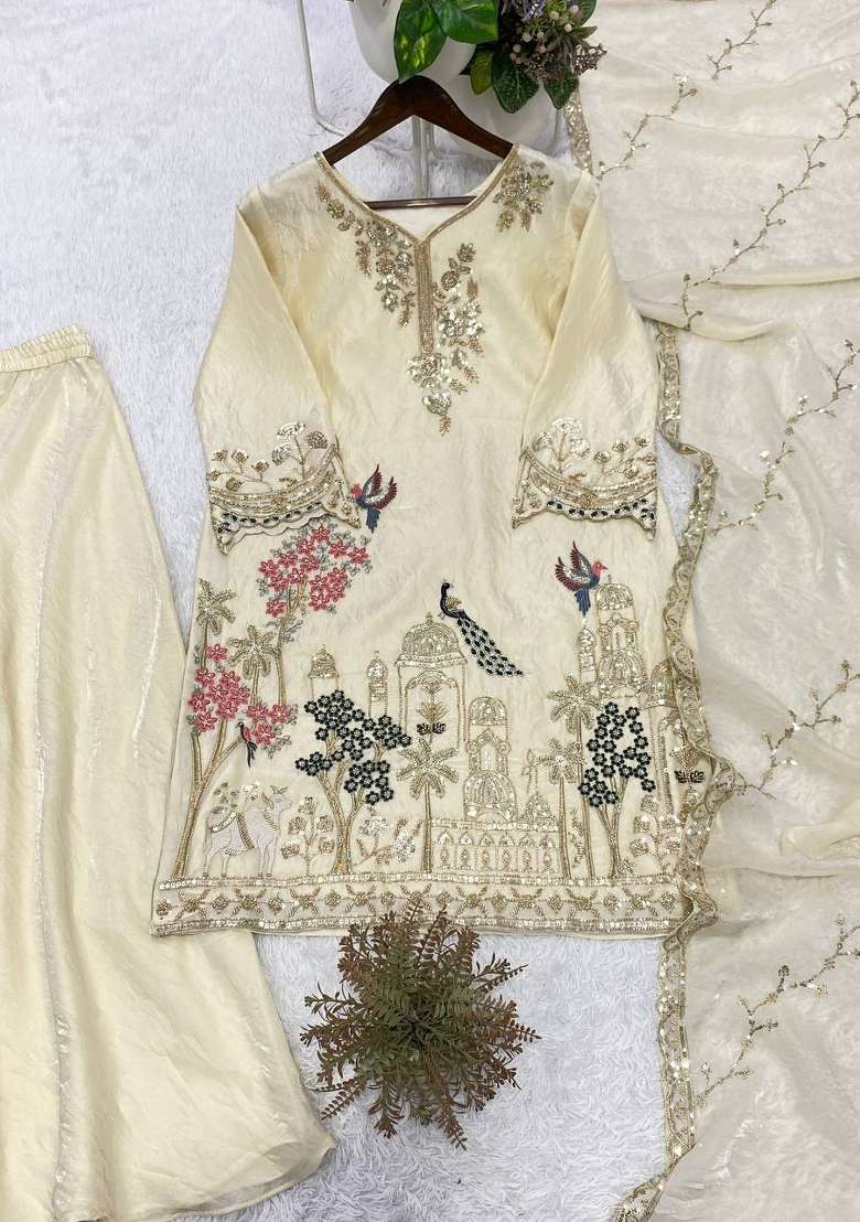 Off White Embroidery Fendi Palazzo Set - Indya