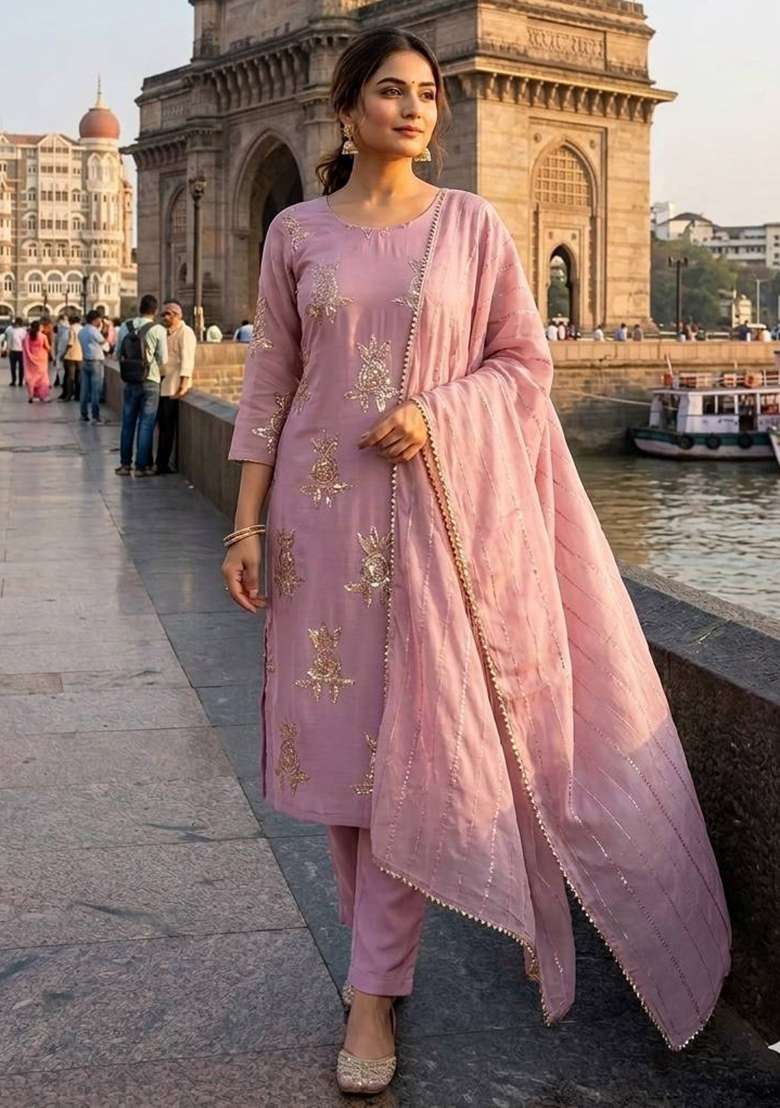 Pink Embroidery Chinon Kurta Set - Indya