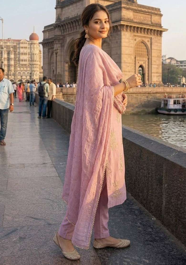 Pink Embroidery Chinon Kurta Set - Indya