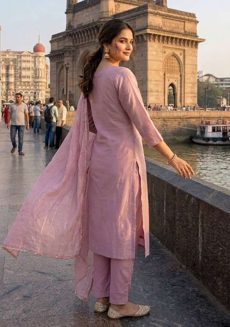 Pink Embroidery Chinon Kurta Set - Indya