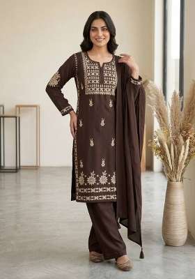 Brown Embroidery Rayon Kurta Set