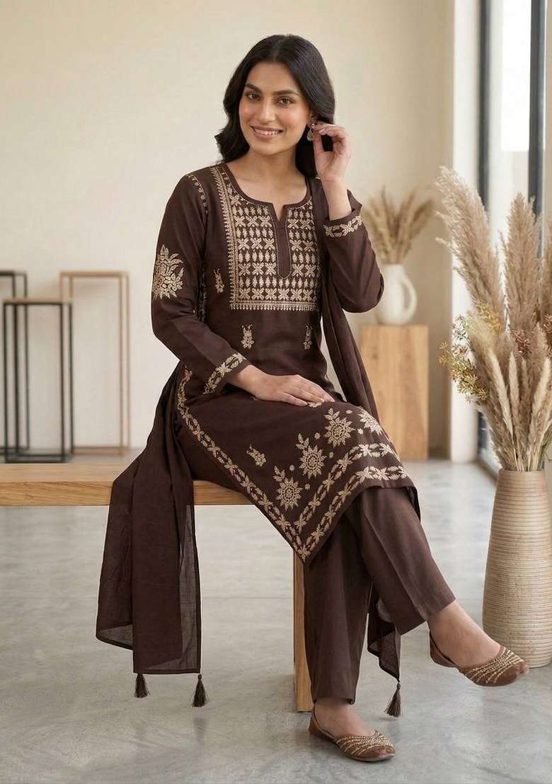 Brown Embroidery Rayon Kurta Set - Indya