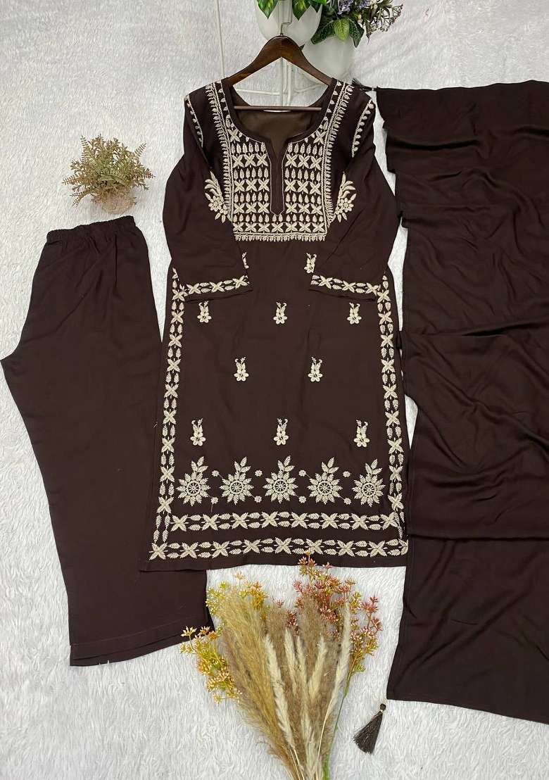 Brown Embroidery Rayon Kurta Set - Indya