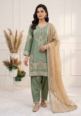 Pista Embroidery Satin Kurta Set