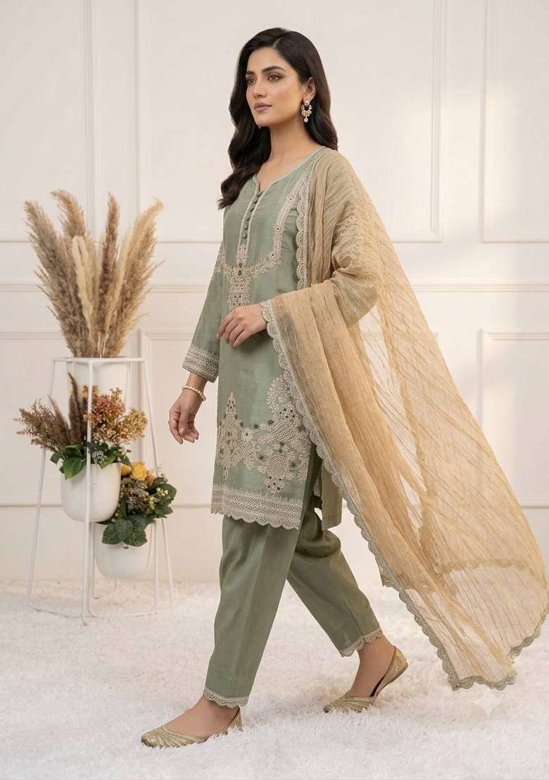 Pista Embroidery Satin Kurta Set - Indya