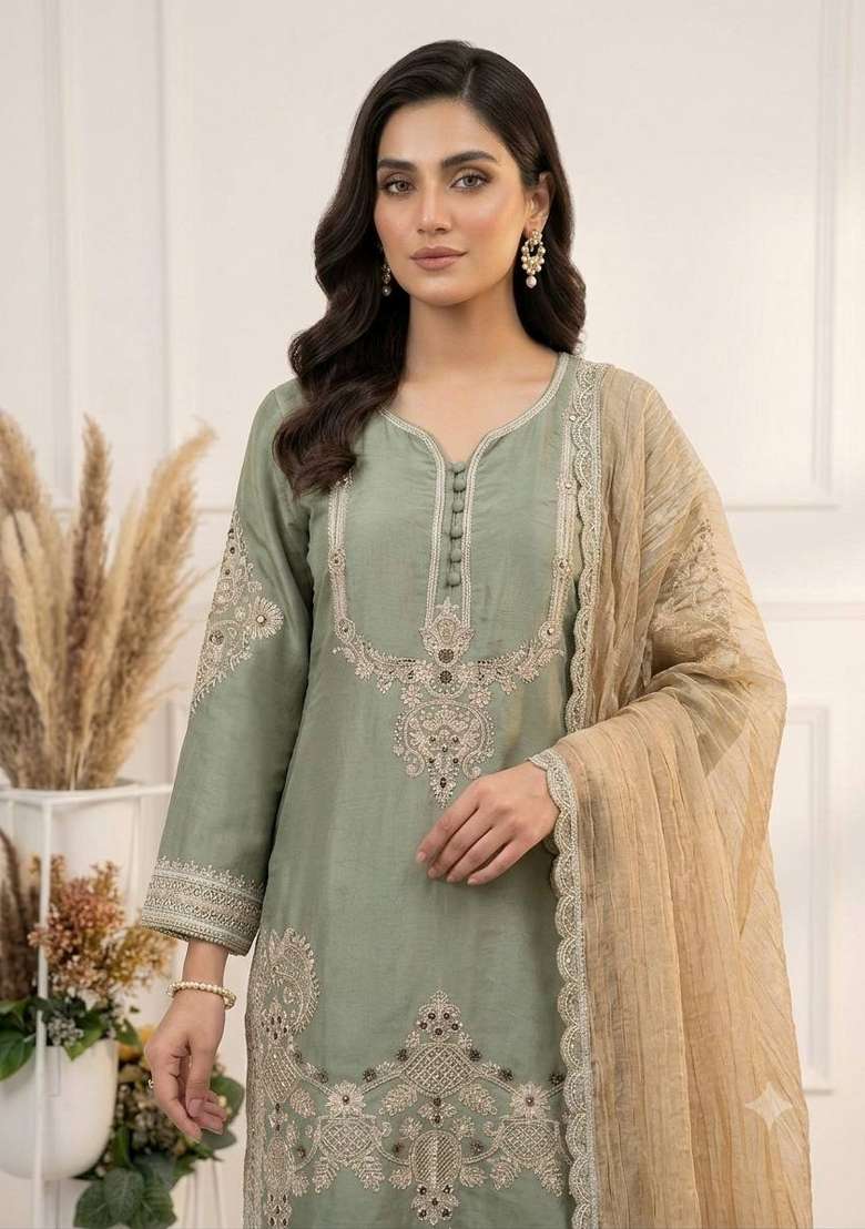 Pista Embroidery Satin Kurta Set - Indya
