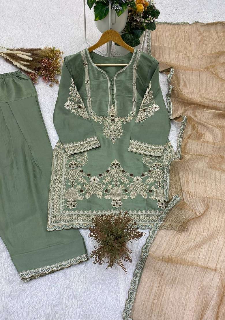 Pista Embroidery Satin Kurta Set - Indya