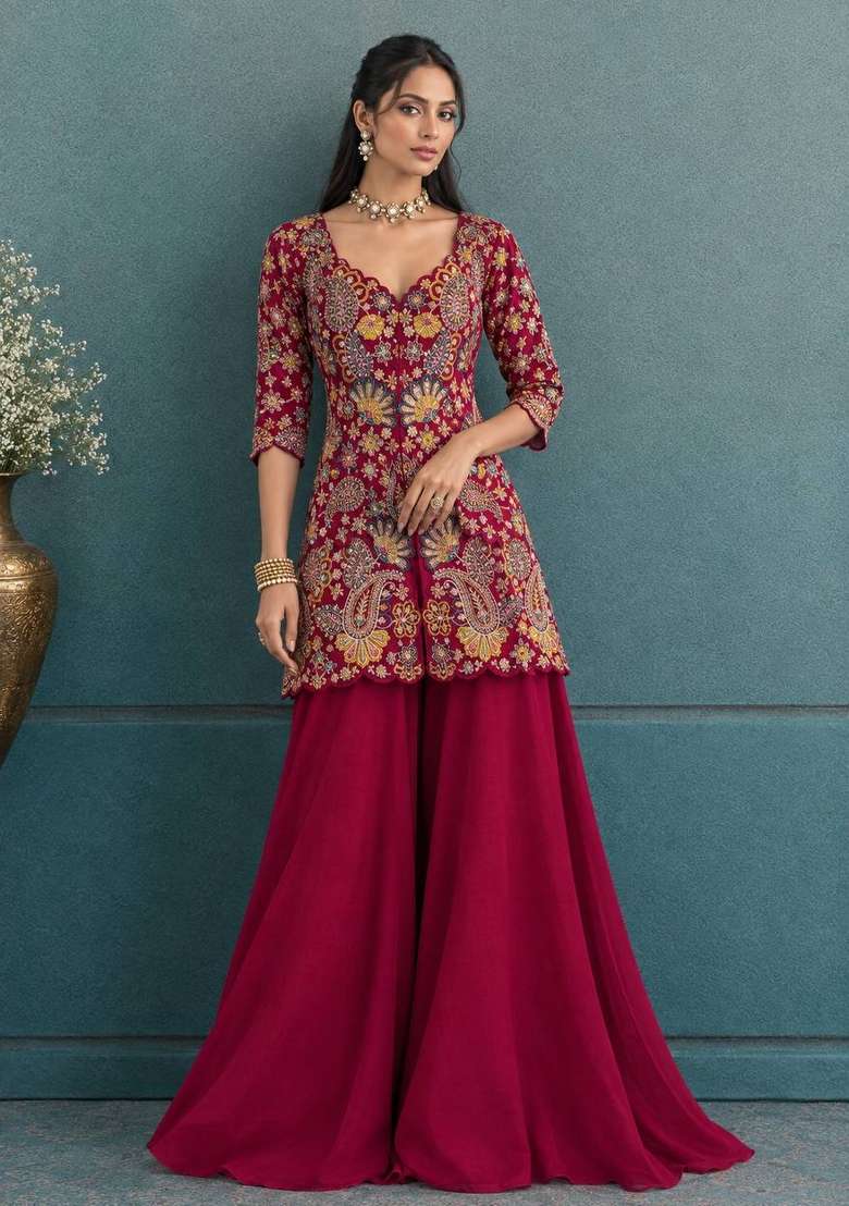 Pink Embroidery Georgette Palazzo Set - Indya