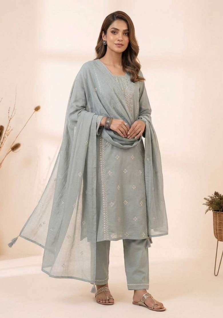 Grey Embroidery Roman Kurta Set - Indya