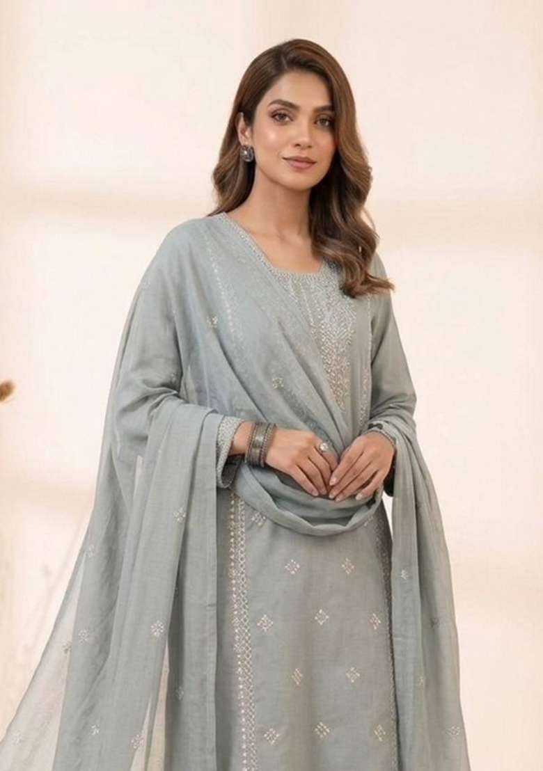 Grey Embroidery Roman Kurta Set - Indya