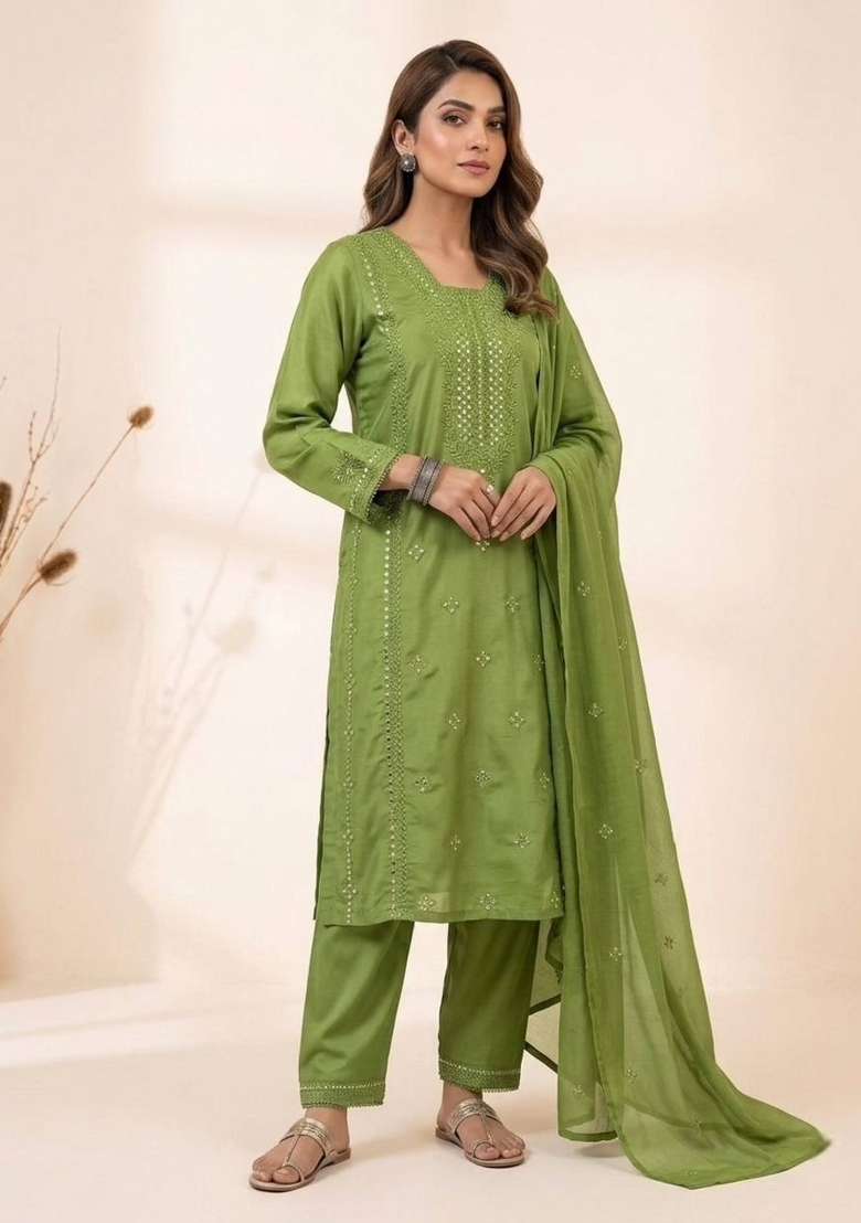 Green Embroidery Roman Kurta Set - Indya
