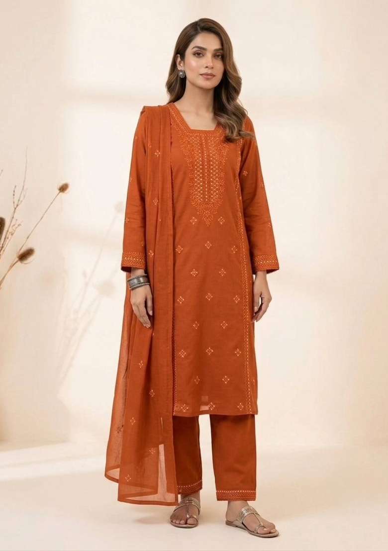 Orange Embroidery Roman Kurta Set - Indya