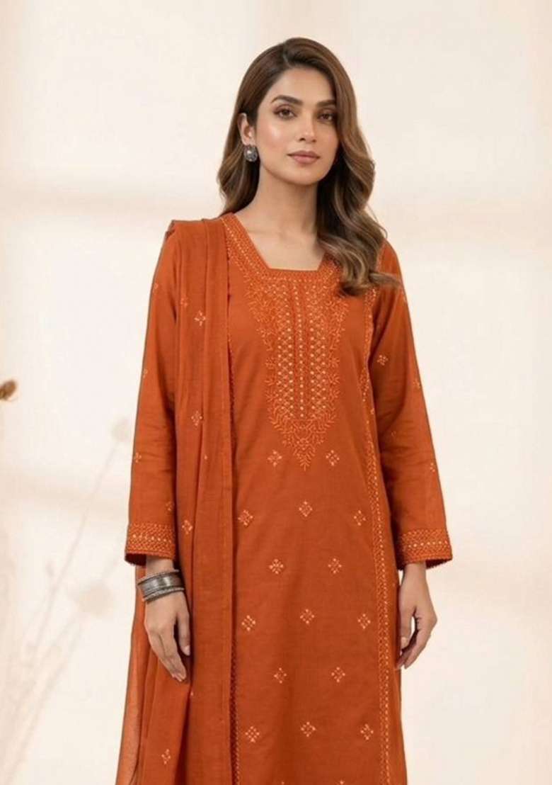 Orange Embroidery Roman Kurta Set - Indya