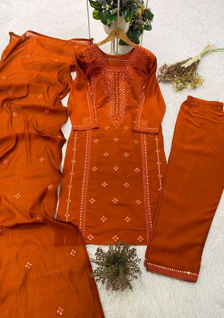 Orange Embroidery Roman Kurta Set - Indya
