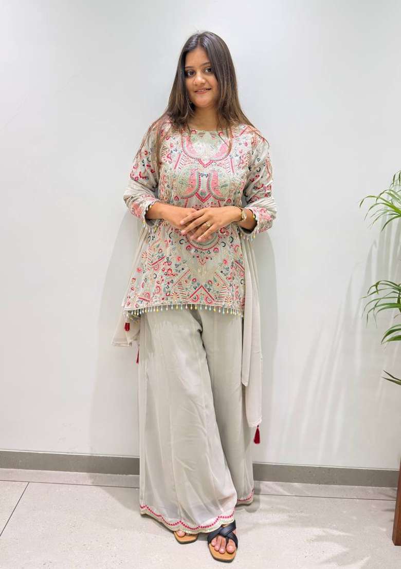 Grey Embroidery Georgette Palazzo Set - Indya