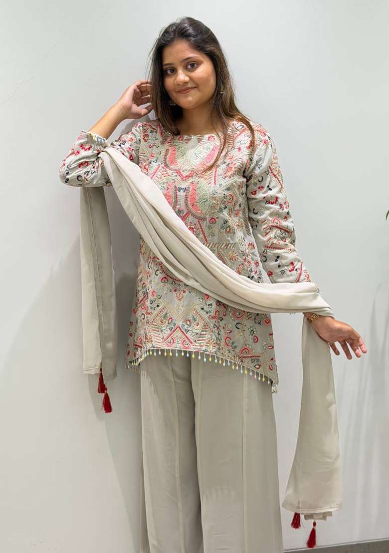 Grey Embroidery Georgette Palazzo Set - Indya