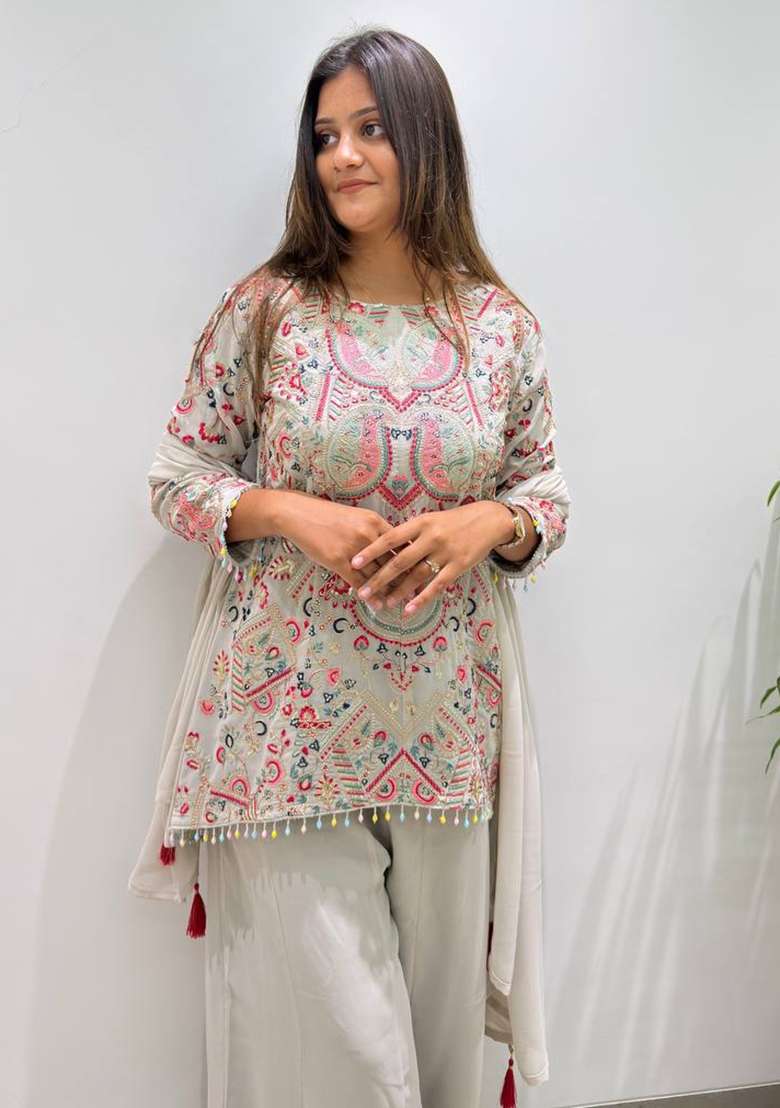 Grey Embroidery Georgette Palazzo Set - Indya