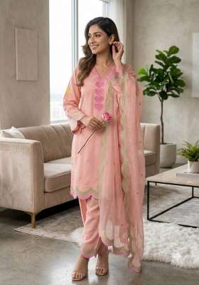 Peach Embroidery Chanderi Palazzo Set