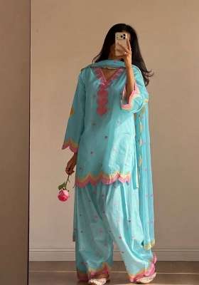 Sky Blue Embroidery Chanderi Palazzo Set