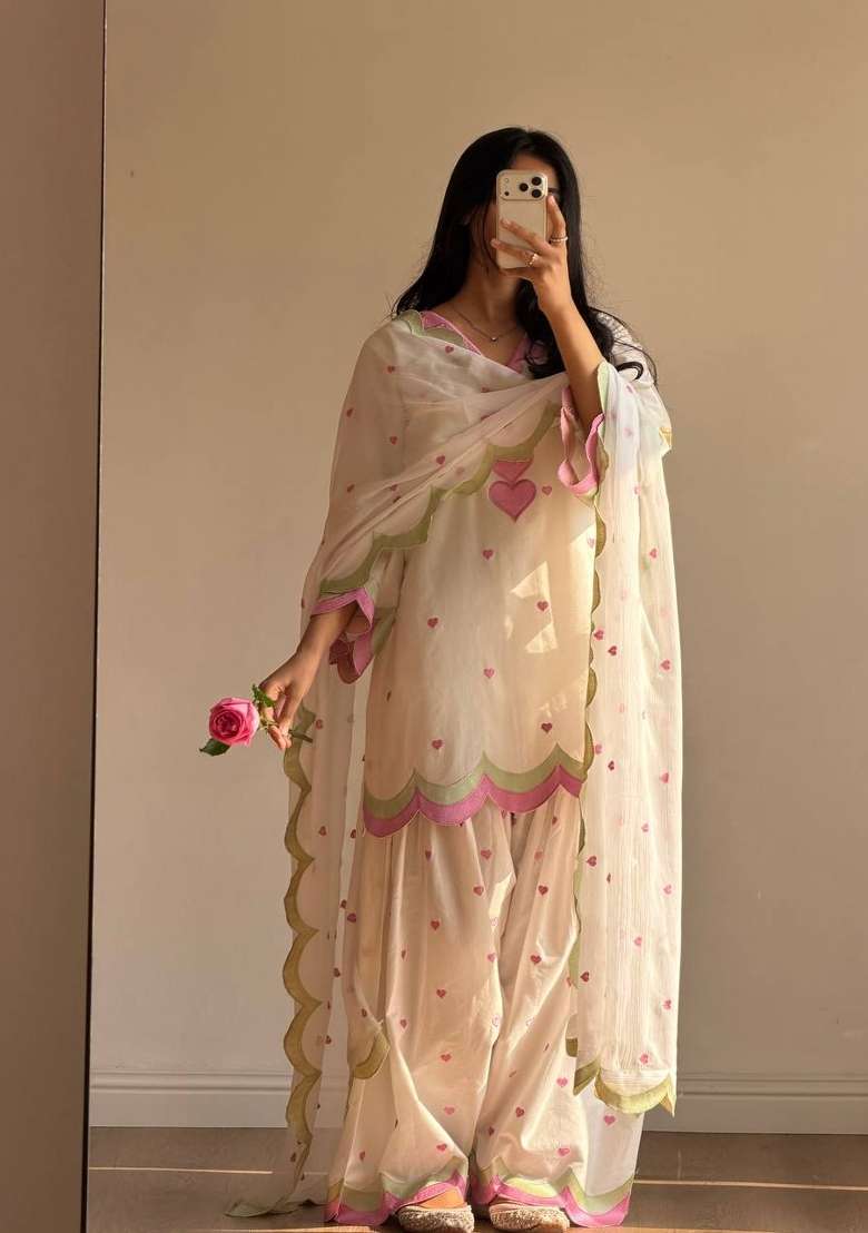 White Embroidery Chanderi Palazzo Set - Indya