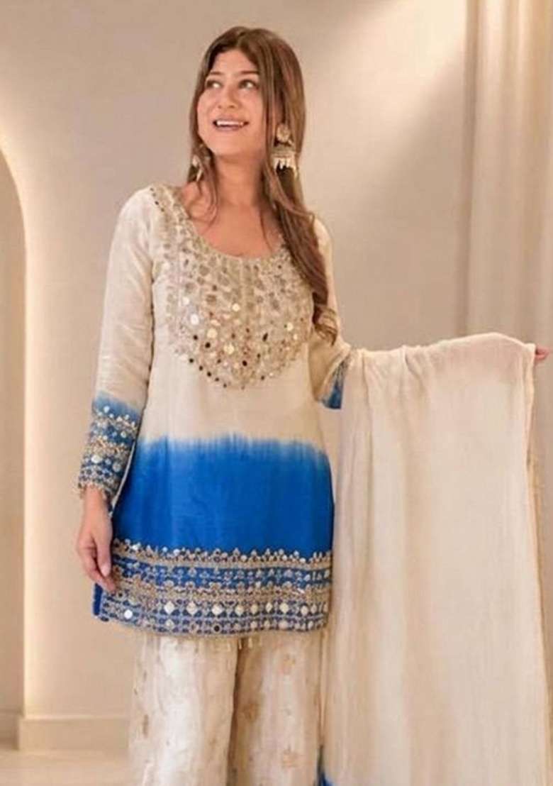 Blue Embroidery Georgette Palazzo Set - Indya