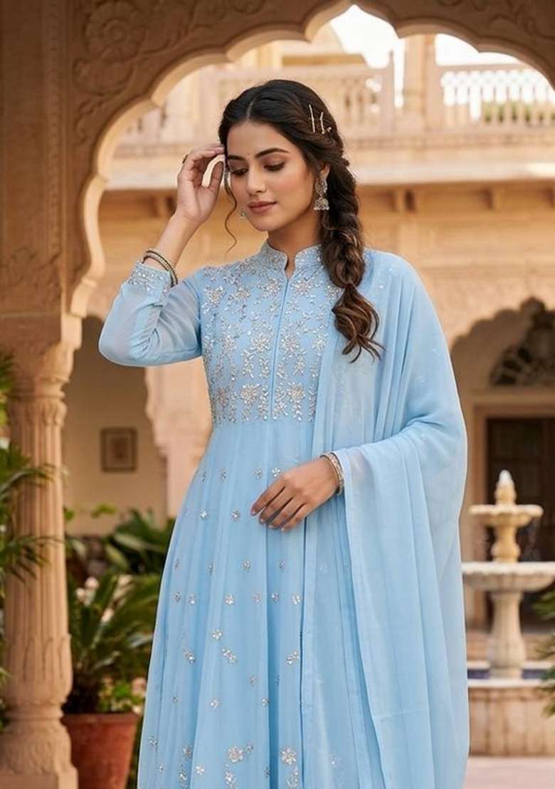Sky Blue Embroidery Georgette Kurta Set - Indya