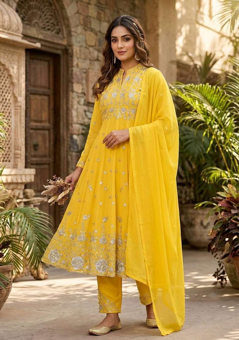 Yellow Embroidery Georgette Kurta Set - Indya