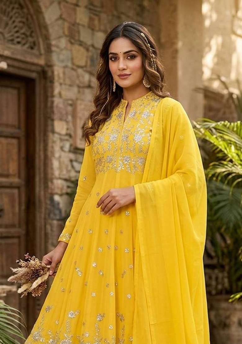 Yellow Embroidery Georgette Kurta Set - Indya