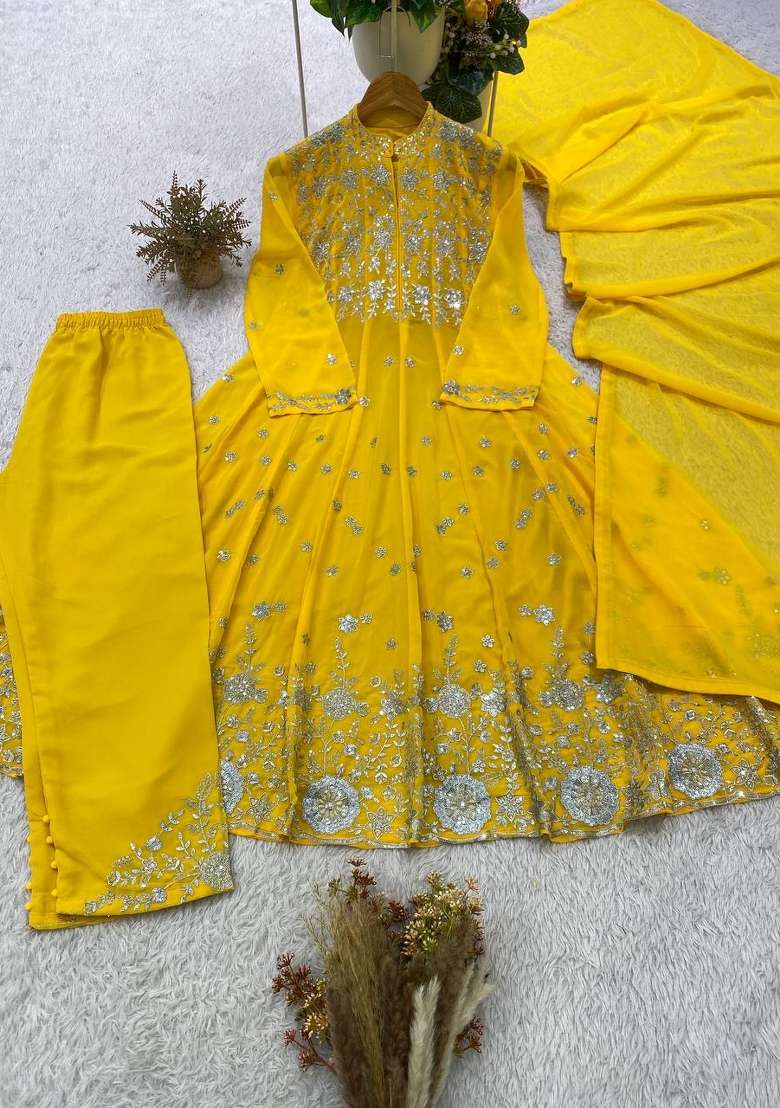 Yellow Embroidery Georgette Kurta Set - Indya