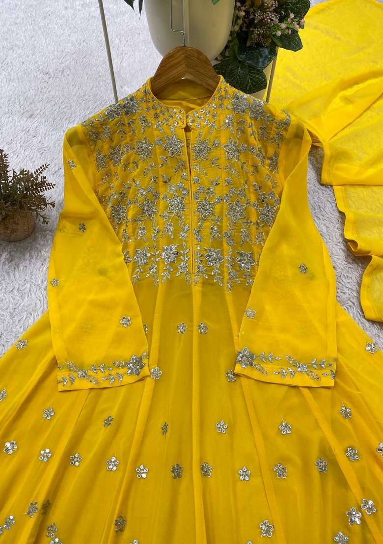 Yellow Embroidery Georgette Kurta Set - Indya