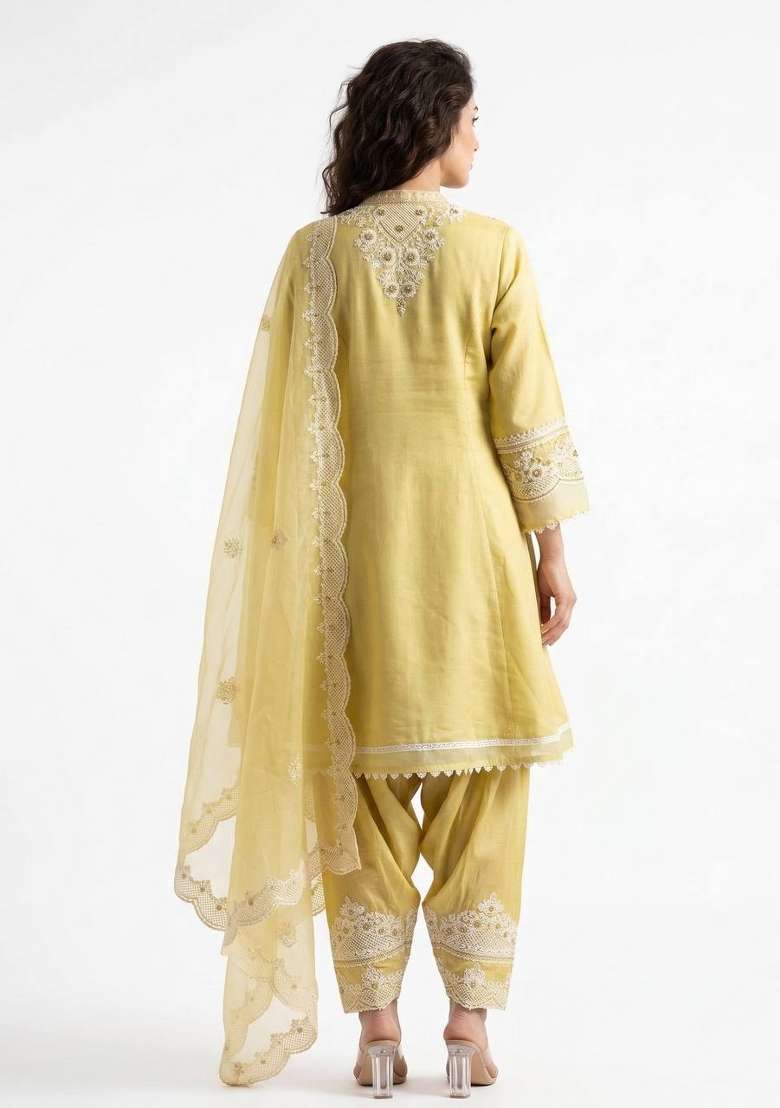 Yellow Embroidery Roman Kurta Set - Indya